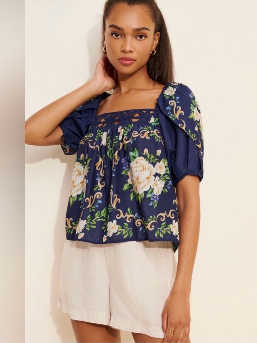 NWT Farm Rio Tapestry Yoke Navy Top, XL
